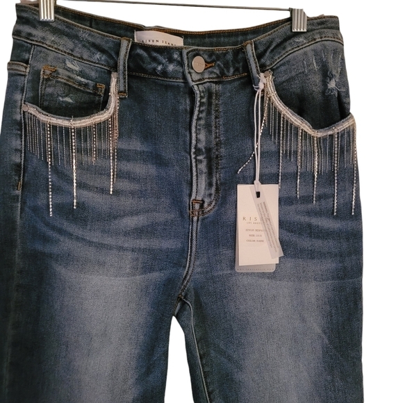 Risen Dolly High Rise Flare Jeans Rhinestones Crystals Tassels - Picture 12 of 14